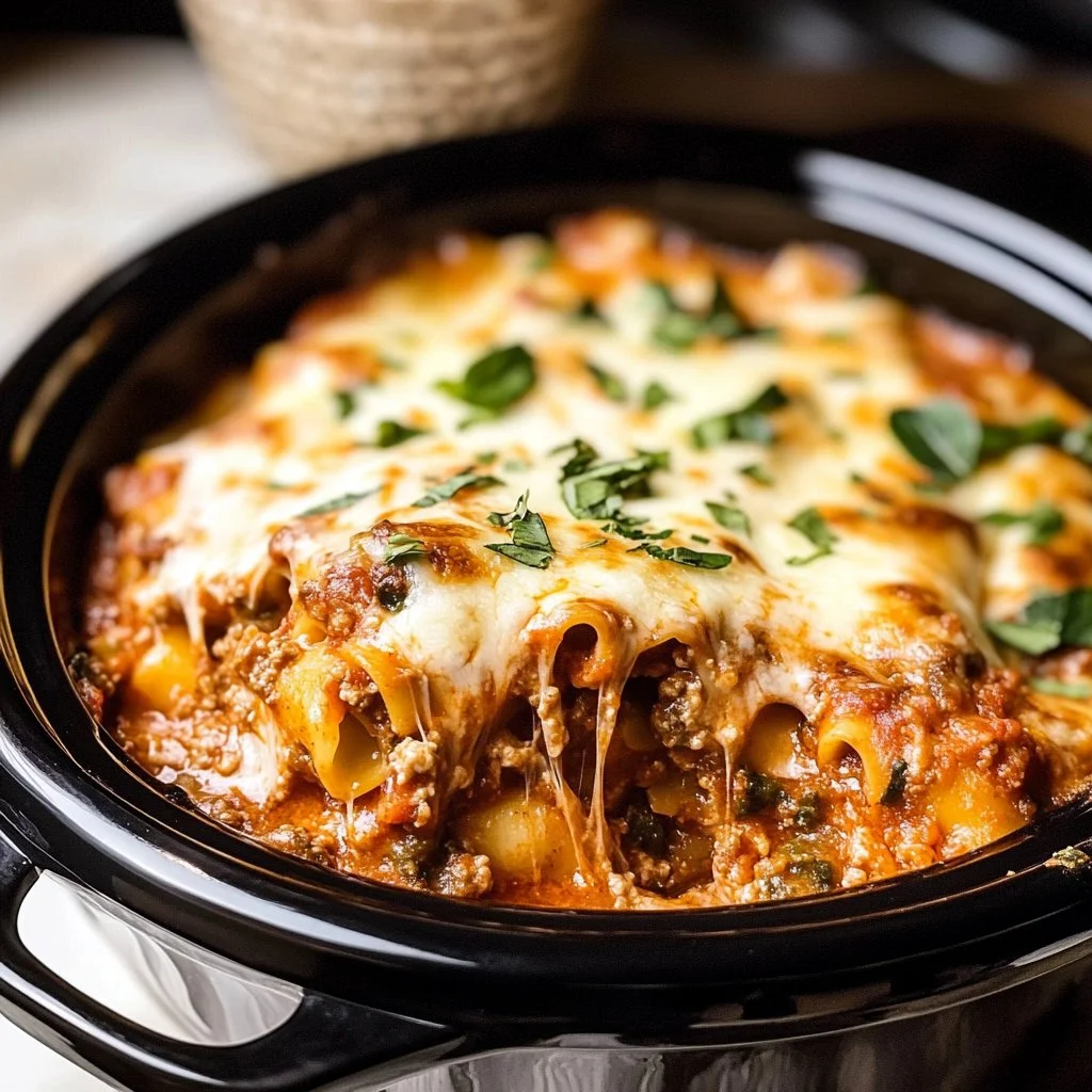 Delicious Crockpot Lasagna with layers of cheese and sauce in a slow cooker