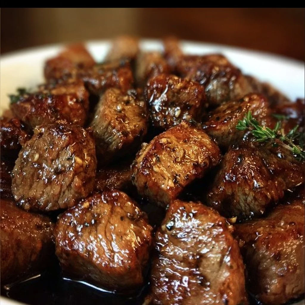 Delicious crockpot steak bites cooked to perfection with spices and herbs.