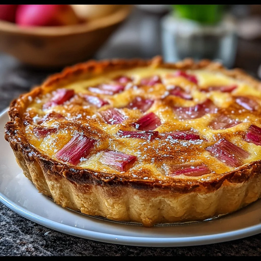 Delicious crustless rhubarb custard pie fresh out of the oven
