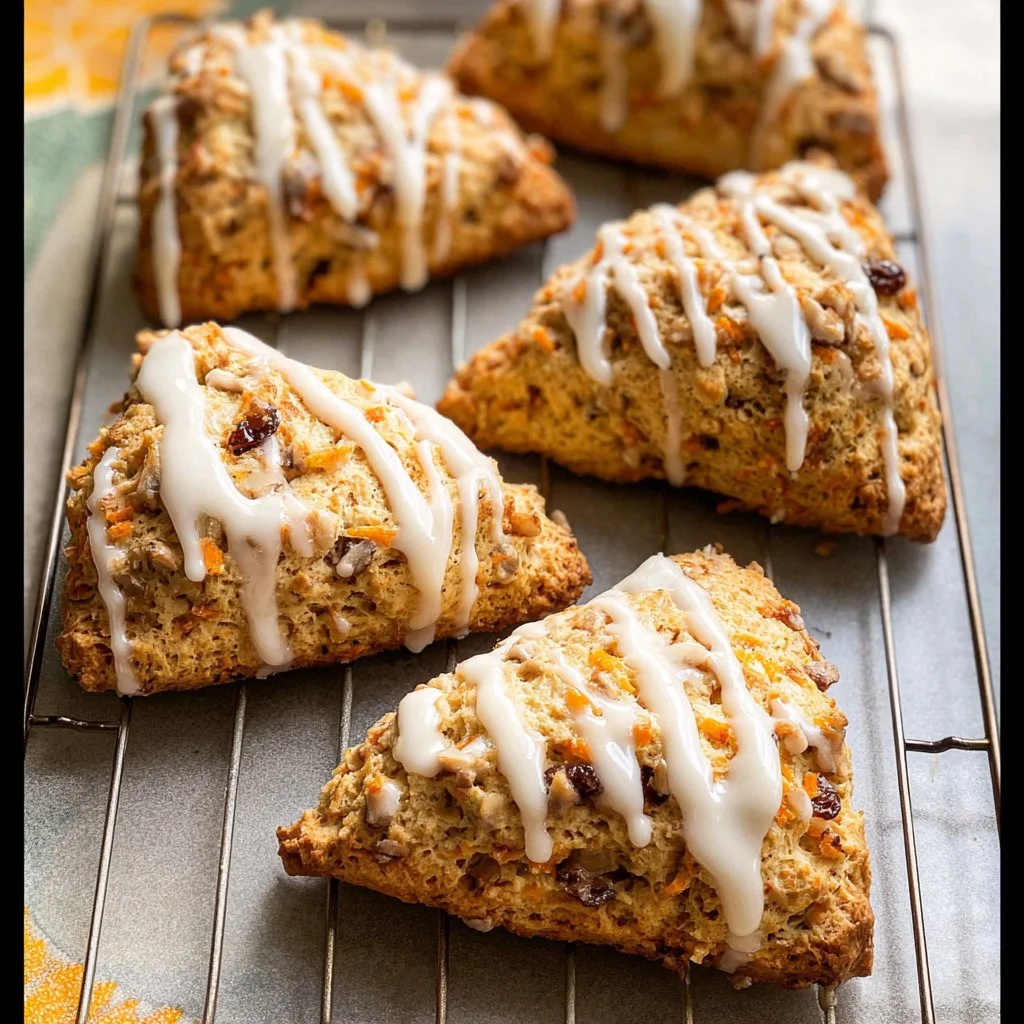 Delicious carrot cake scones with cream cheese glaze on a plate