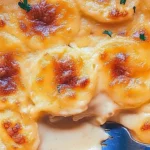 Cheesy scalloped potatoes served in a dish, garnished for presentation.