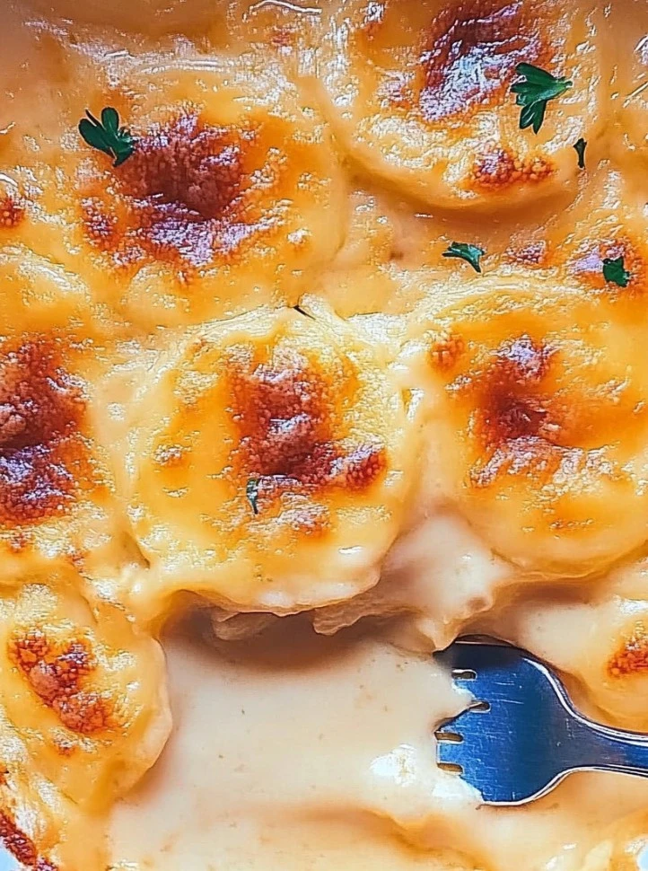 Cheesy scalloped potatoes served in a dish, garnished for presentation.