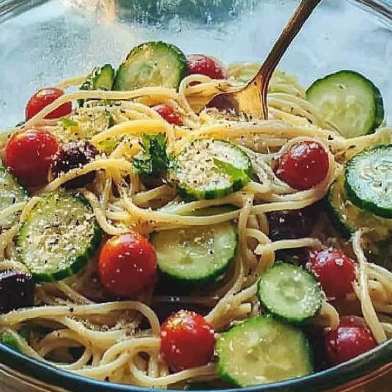 Delicious Easy Cold Spaghetti Salad with fresh vegetables and dressing