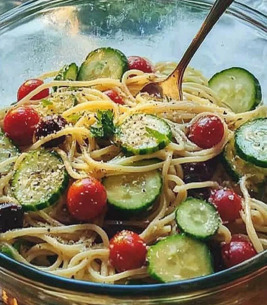 Delicious Easy Cold Spaghetti Salad with fresh vegetables and dressing