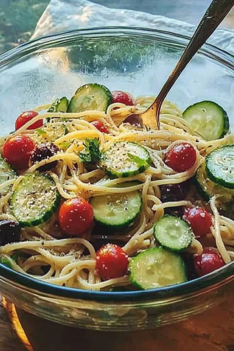 Delicious Easy Cold Spaghetti Salad with fresh vegetables and dressing
