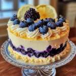 Slice of Lemon Blueberry Cheesecake with creamy layers and fresh blueberries