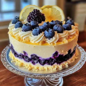 Slice of Lemon Blueberry Cheesecake with creamy layers and fresh blueberries