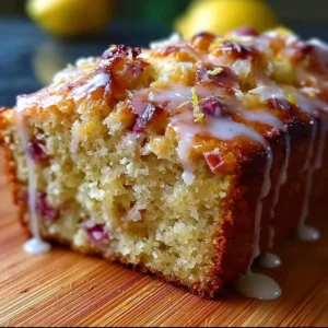 Sliced Lemon Rhubarb Loaf on a wooden board with fresh lemons and rhubarb