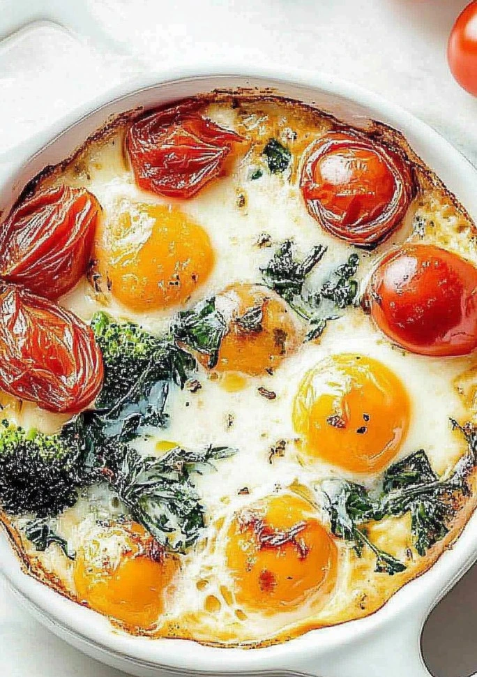 Mediterranean baked feta eggs dish with herbs and spices