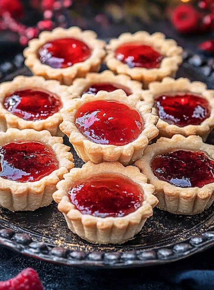 Mini raspberry almond tarts garnished with fresh raspberries and almonds