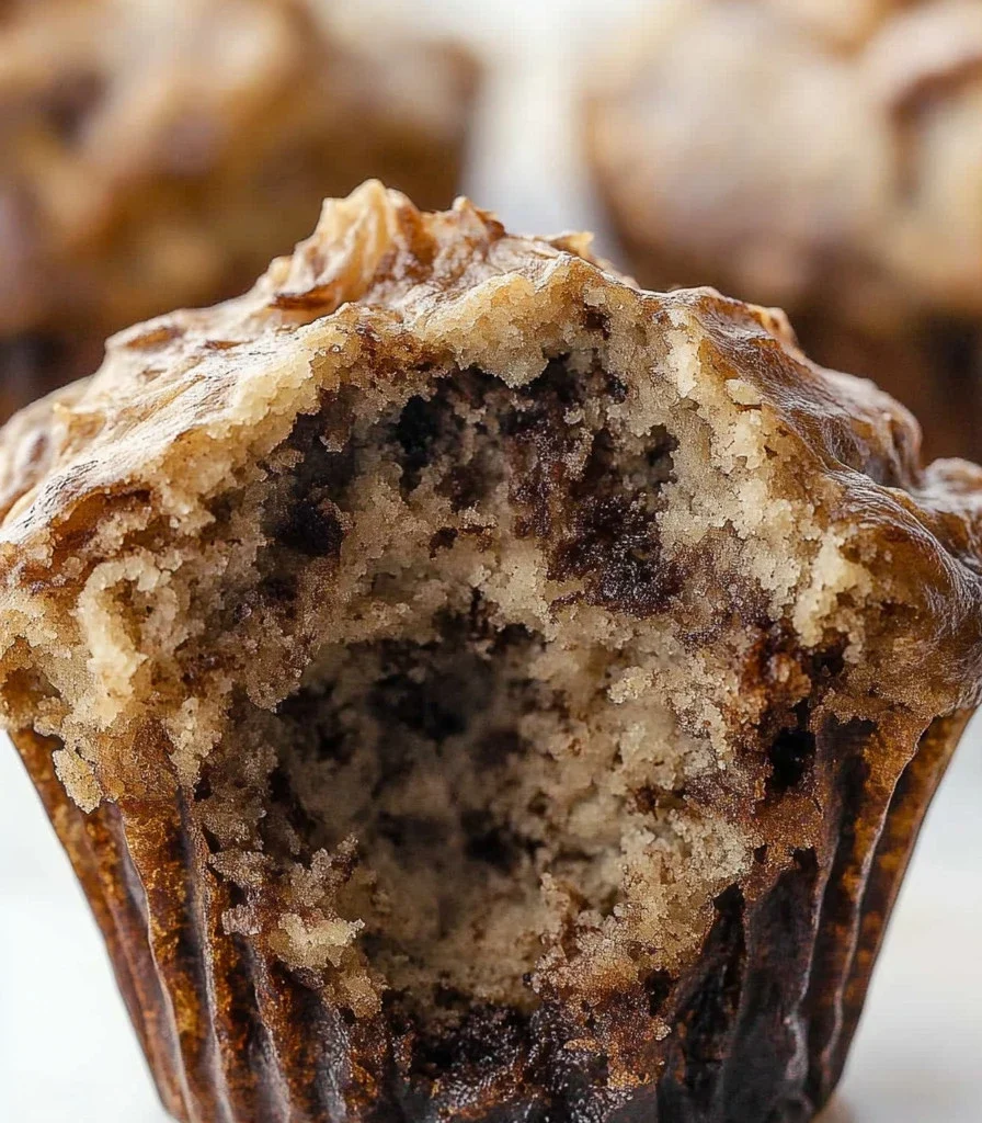 Freshly baked Nutella Banana Muffins with chocolate drizzle on top