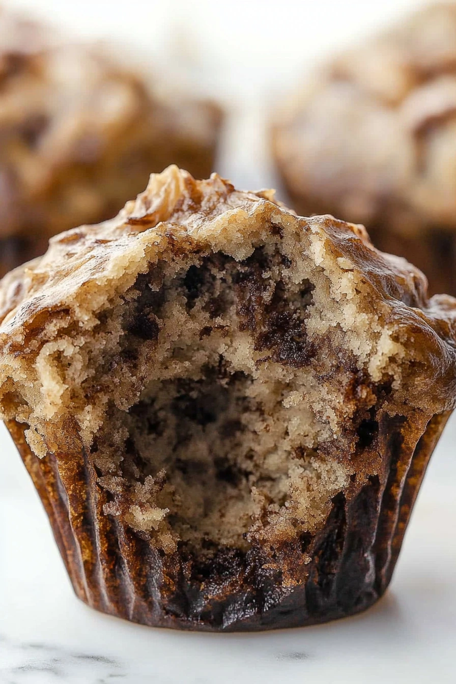 Freshly baked Nutella Banana Muffins with chocolate drizzle on top