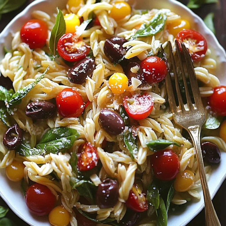 Colorful Orzo Salad with vegetables and herbs in a bowl