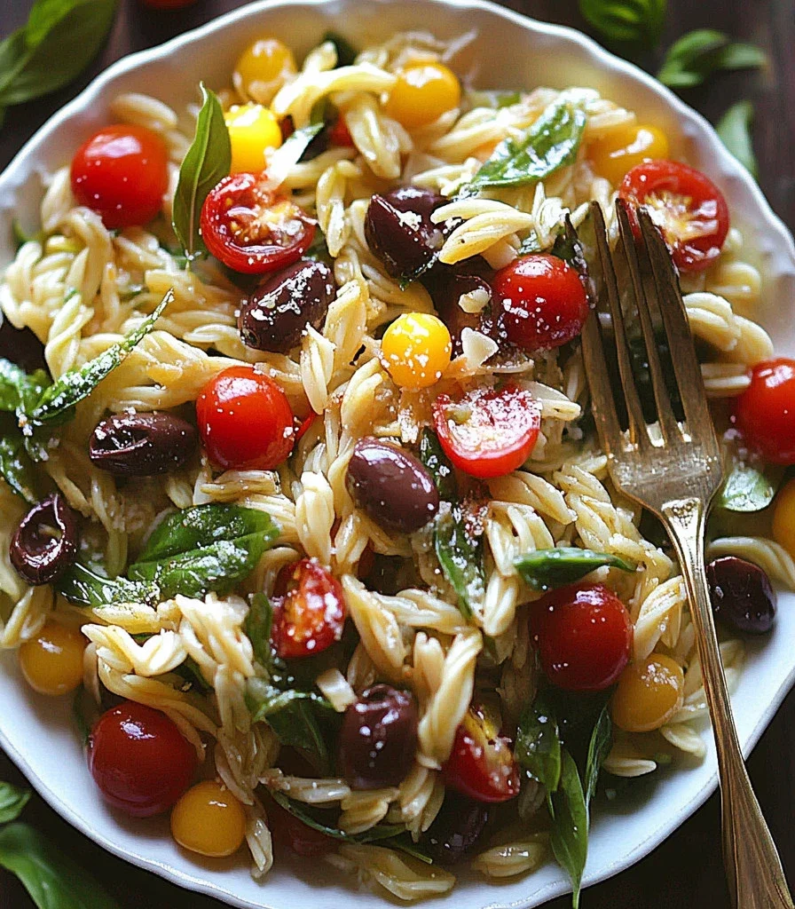 Colorful Orzo Salad with vegetables and herbs in a bowl