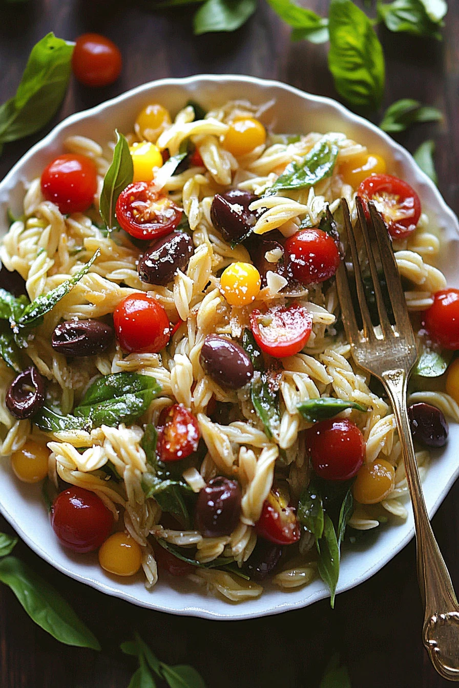 Colorful Orzo Salad with vegetables and herbs in a bowl