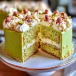 Pistachio cake with white chocolate frosting and crushed nuts on top