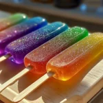 Colorful rainbow gummy tequila pops arranged on a festive table.