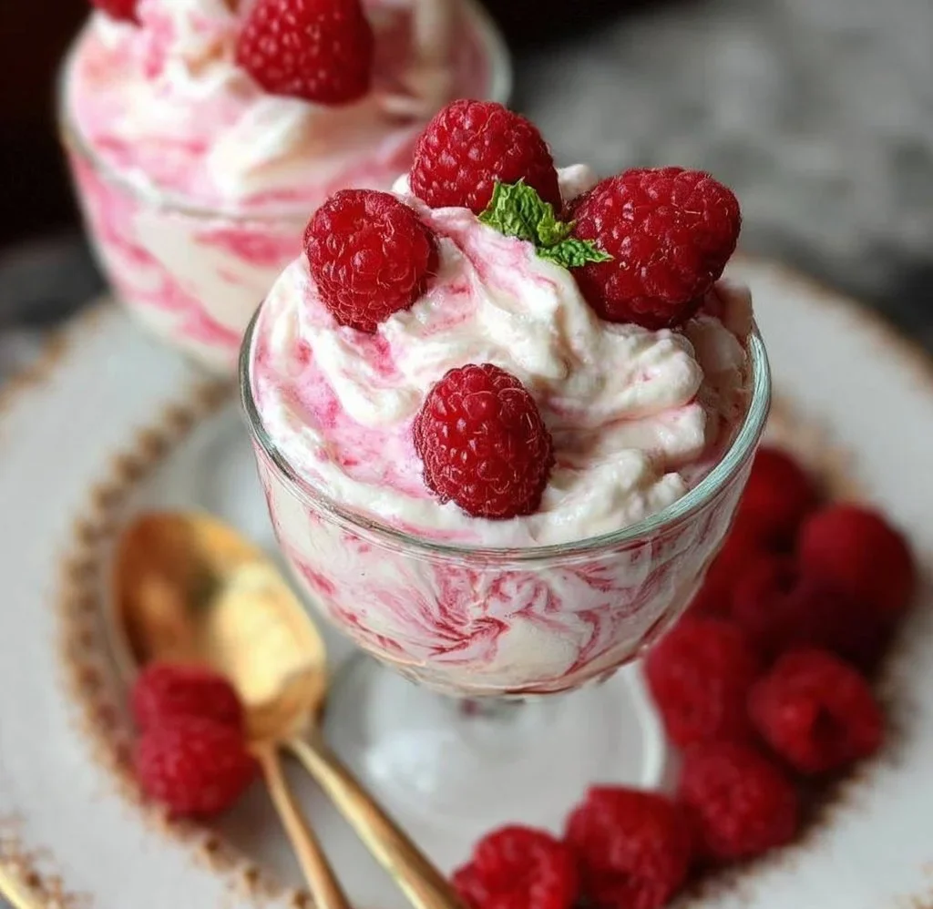 Delicious Raspberry Rhubarb Fool dessert in a glass with fruit layers