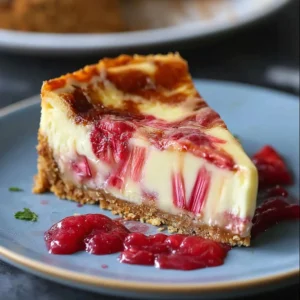 Delicious homemade Rhubarb Cheesecake topped with fresh rhubarb