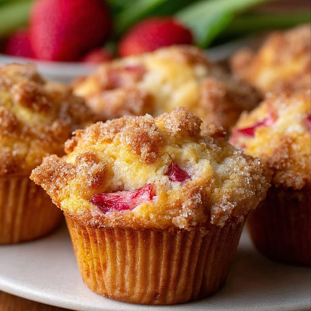 Freshly baked rhubarb muffins with a golden crust and rhubarb pieces