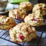 Freshly baked rhubarb scones on a wooden table, showcasing their flaky texture.