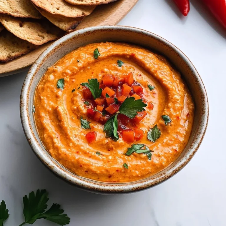 Roasted carrot and red pepper feta dip served in a bowl with fresh veggies