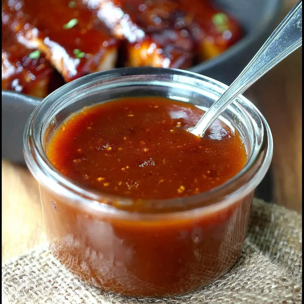 Homemade roasted rhubarb barbecue sauce in a jar