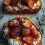 Roasted strawberry whipped ricotta toast on a wooden table