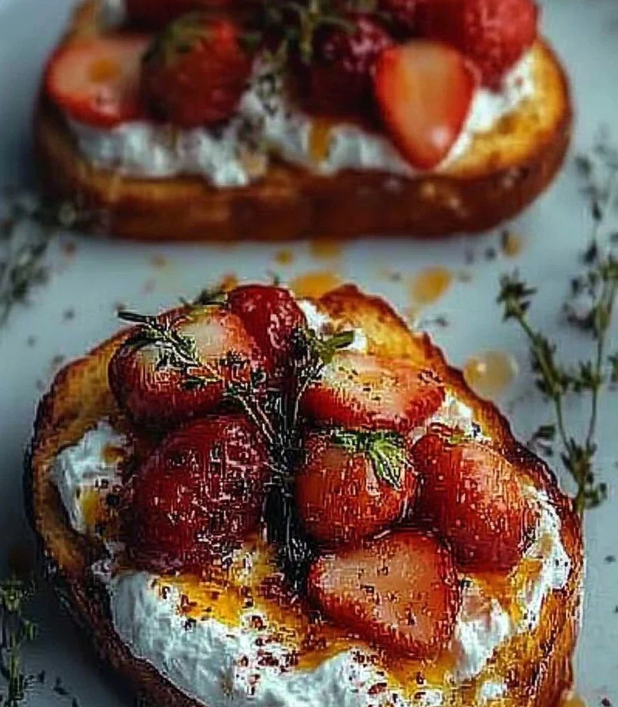 Roasted strawberry whipped ricotta toast on a wooden table