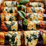 Savory eggplant roll-ups stuffed with ricotta and spinach on a plate