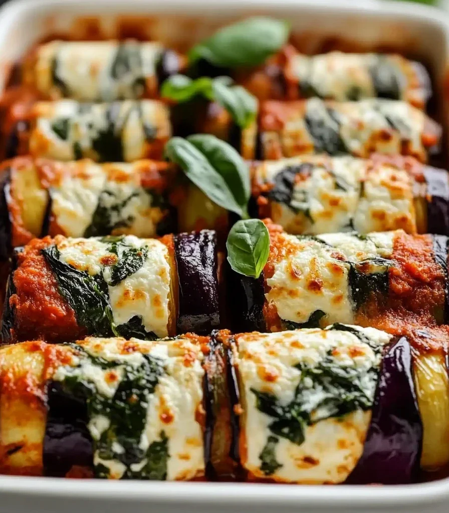 Savory eggplant roll-ups stuffed with ricotta and spinach on a plate