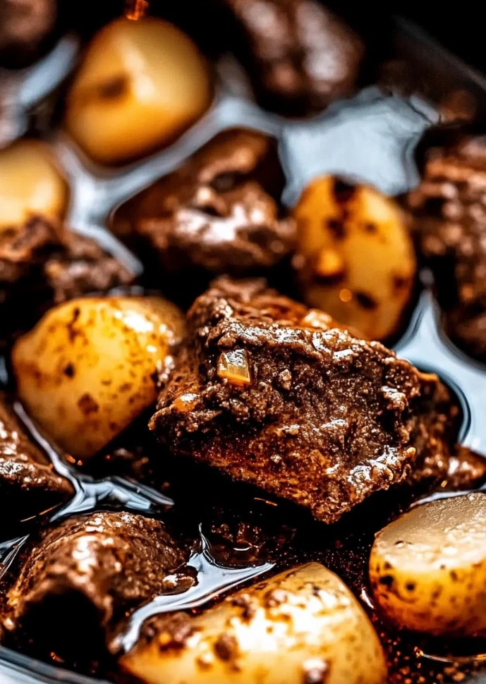 Slow Cooker Garlic Butter Beef Bites served with potatoes for a tasty meal