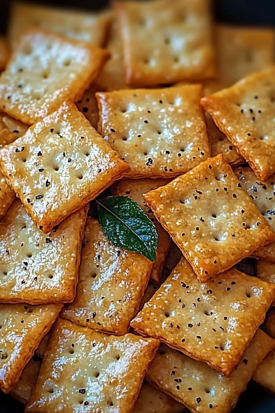 A close-up of spicy crackers on a plate, ready for snacking.