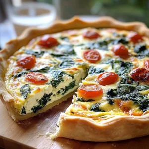 Spinach ricotta quiche on a wooden table with fresh ingredients around