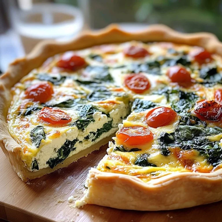 Spinach ricotta quiche on a wooden table with fresh ingredients around