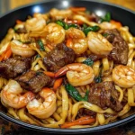 Stir-fried steak and shrimp noodles garnished with vegetables