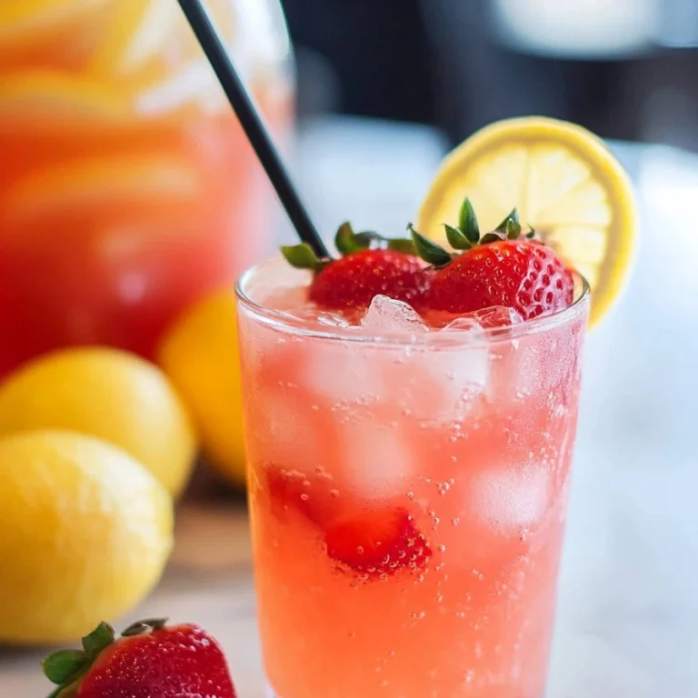 Refreshing glass of homemade strawberry lemonade with fresh strawberries.