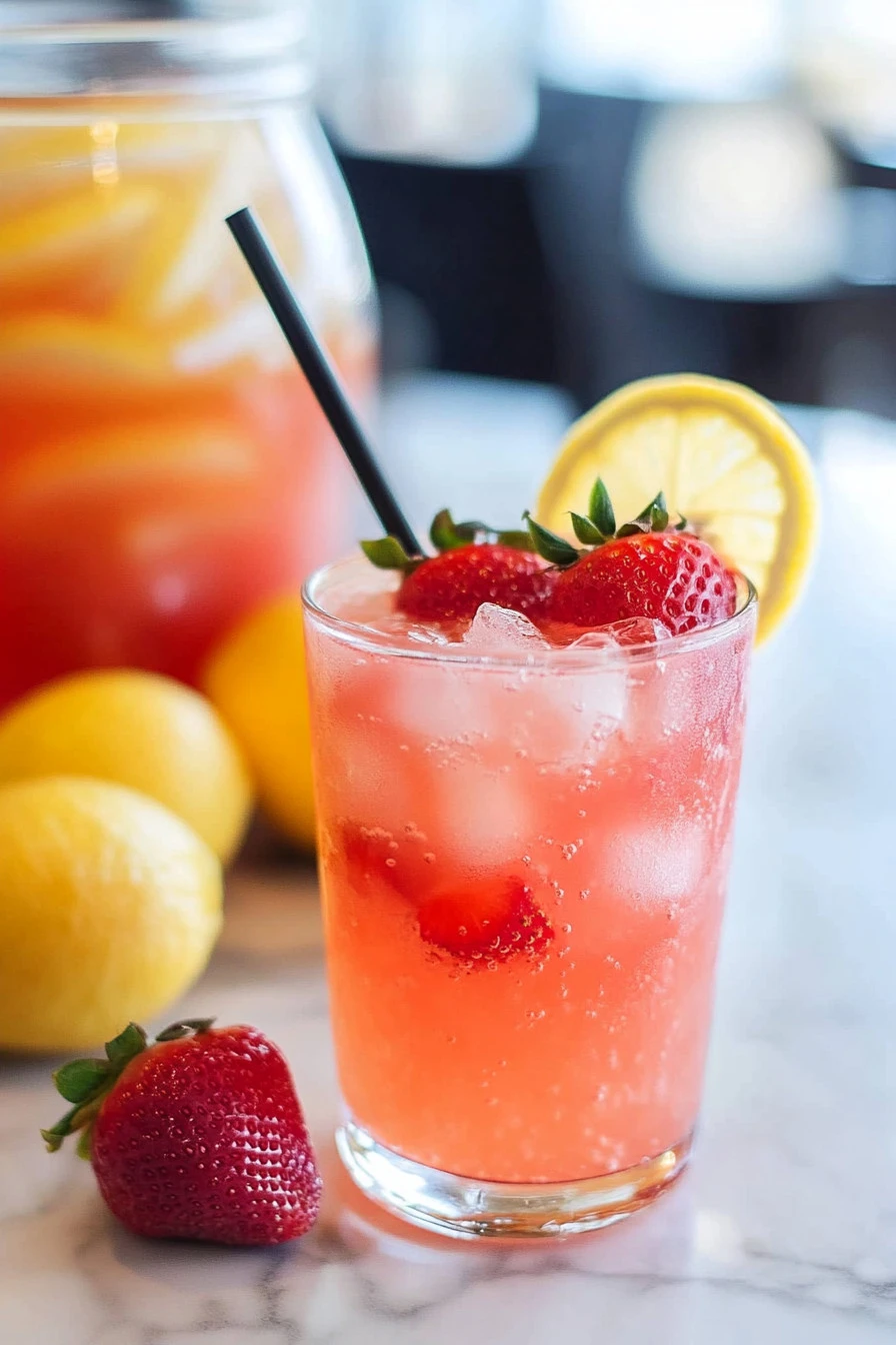 Refreshing glass of homemade strawberry lemonade with fresh strawberries.