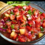 A vibrant bowl of strawberry rhubarb salsa with fresh ingredients.