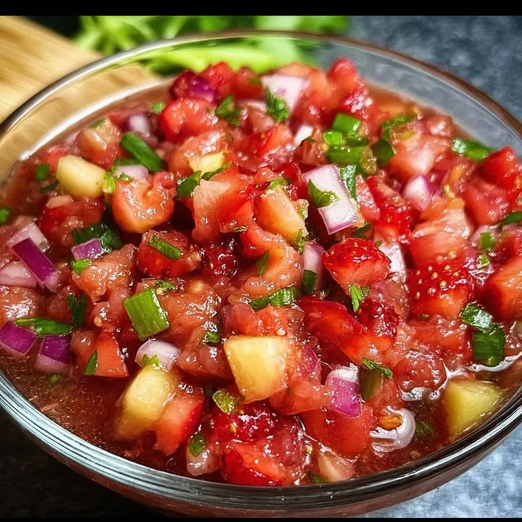 A vibrant bowl of strawberry rhubarb salsa with fresh ingredients.