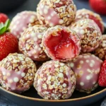 Delicious strawberry shortcake energy bites with fresh strawberries and whipped cream.
