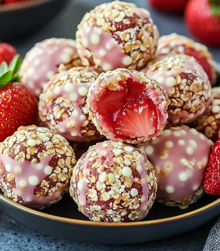 Delicious strawberry shortcake energy bites with fresh strawberries and whipped cream.