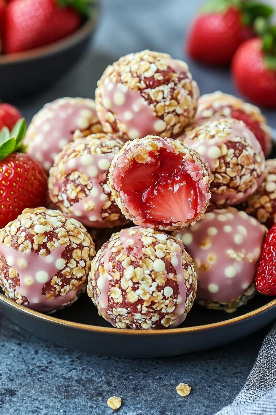 Delicious strawberry shortcake energy bites with fresh strawberries and whipped cream.