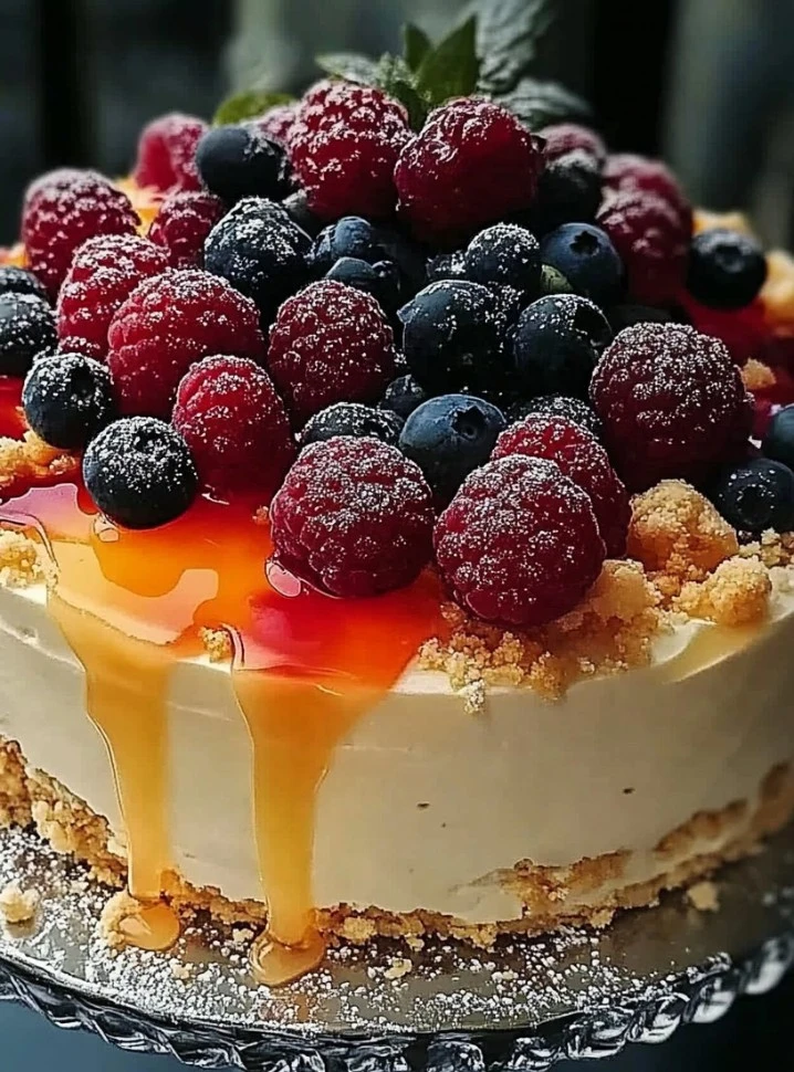 Summer berry peach cheesecake topped with fresh berries and peaches