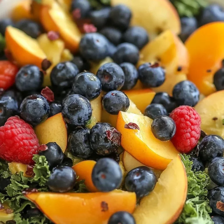 Summer Peach Blueberry Kale Salad featuring fresh peaches, blueberries, and kale.
