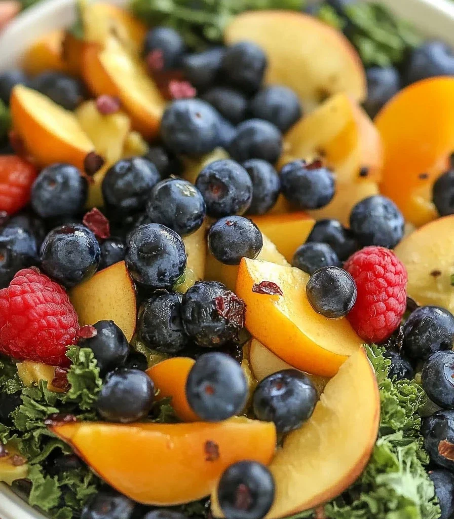Summer Peach Blueberry Kale Salad featuring fresh peaches, blueberries, and kale.