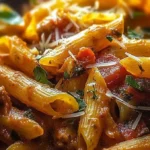 Colorful Sweet Pepper & Sausage Pasta dish garnished with herbs