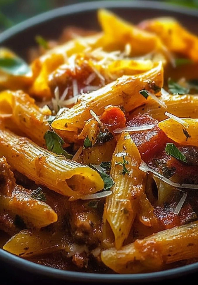 Colorful Sweet Pepper & Sausage Pasta dish garnished with herbs