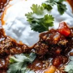 Bowl of Texas No Beans Chili garnished with cilantro and jalapeños