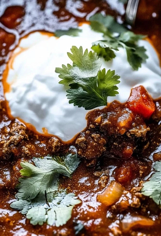 Bowl of Texas No Beans Chili garnished with cilantro and jalapeños